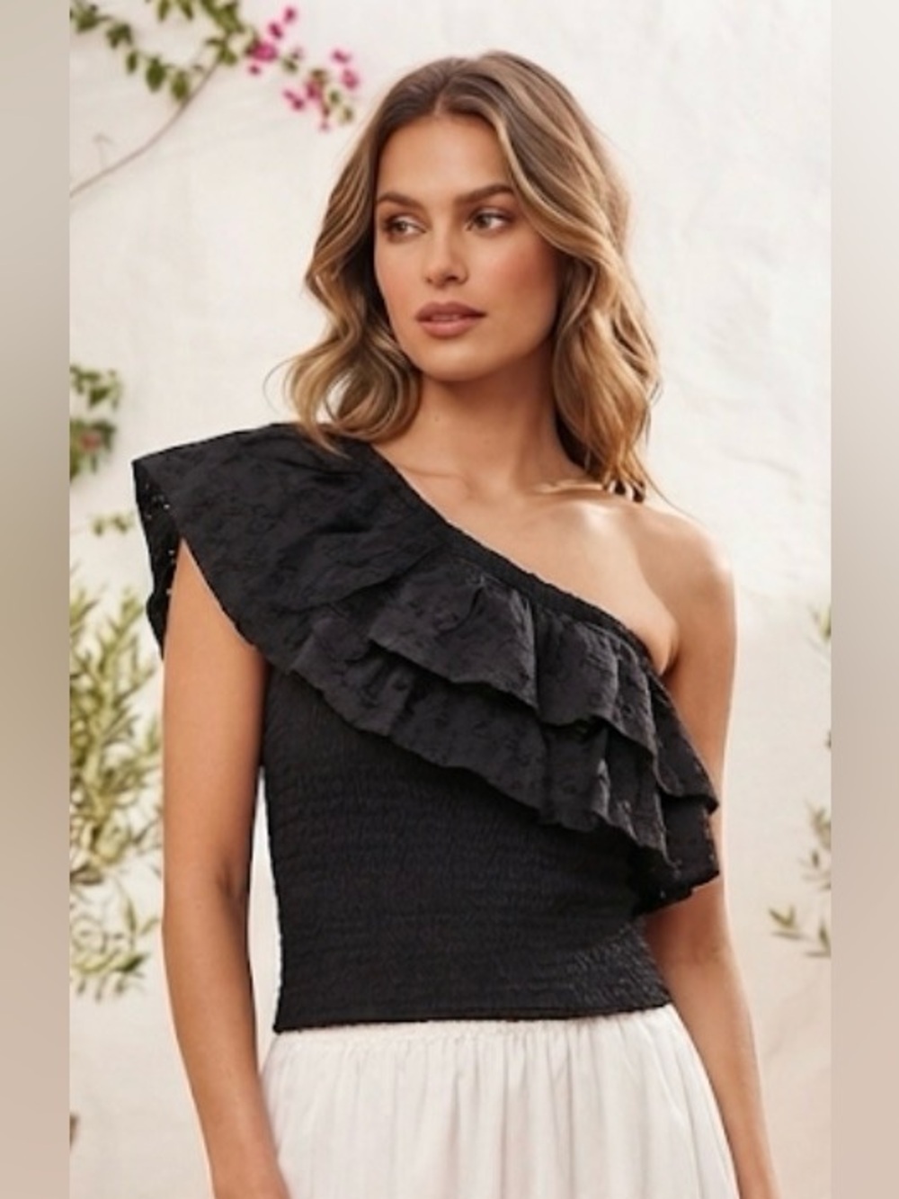 Abercrombie & Fitch One-Shoulder Black Ruffle Crop Top